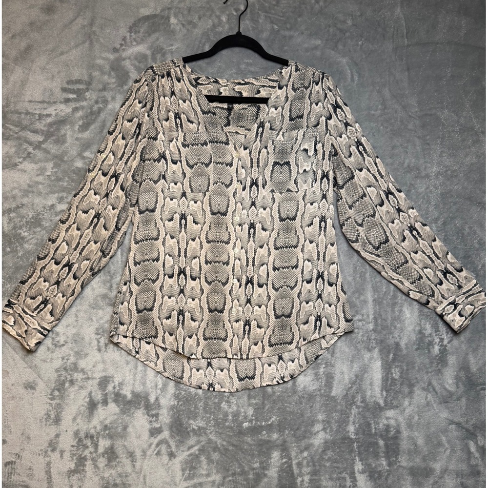 Express Womens Snake Print Button Up Blouse Gray Cream Long Sleeve Roll Tab M